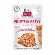 Акція на Вологий корм для дорослих кішок Brit Care Fillets In Gravy For Adult Cat Savory Salmon з філе лосося в соусі, 85 г від Eva