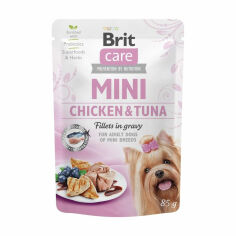 Акція на Вологий корм для собак малих порід Brit Care Mini Chicken & Tuna Fillets In Gravy з філе курки та тунця в соусі, 85 г від Eva