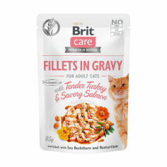 Акція на Вологий корм для дорослих кішок Brit Care Fillets In Gravy For Adult Cat Tender Turkey & Savory Salmon з філе індички та лосося в соусі, 85 г від Eva