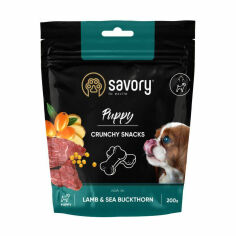 Акція на Ласощі для здорового росту цуценят Savory Puppy Crunchy Snacks з ягням та обліпихою, 200 г від Eva