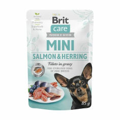 Акція на Вологий корм для стерилізованих собак малих порід Brit Care Mini Salmon & Herring Fillets In Gravy For Sterilised Dogs з лососем та оселедцем, 85 г від Eva