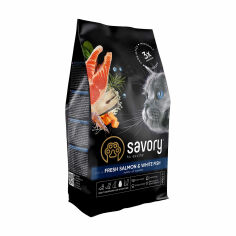 Акція на Сухий корм для довгошерстих дорослих кішок Savory Adult Gourmand Fresh Salmon & White Fish з лососем та білою рибою, 400 г від Eva