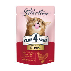 Акція на Вологий корм для дорослих кішок Club 4 Paws Meow-For Strips, з куркою в соусі, 85 г від Eva