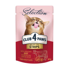 Акція на Вологий корм для дорослих кішок Club 4 Paws Meow-For Strips, з яловичиною в крем-супі з броколі, 85 г від Eva