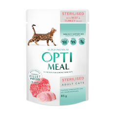Акція на Вологий корм для стерилізованих кішок Optimeal Super Premium, з яловичиною та індичиним філе в желе, 85 г від Eva