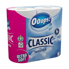Акція на Туалетний папір Ooops! Classic Sensitive білий, 3-шаровий, 4 рулони від Eva