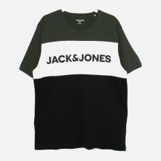 Акція на Футболка бавовняна довга чоловіча Jack & Jones XAZ404020WVYP 2XL Болотна з чорним і білим від Rozetka