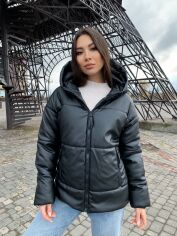 Акція на Зимова жіноча куртка з капюшоном еко шкіра K&ML 07 (42-48) Чорний (07 - 01) від Rozetka