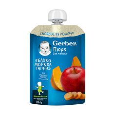 Акція на Дитяче фруктово-овочеве пюре Gerber Яблуко, морква та гарбуз, від 6 місяців, 150 г від Eva