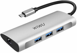 Акція на Wiwu Adapter Alpha 631STR USB-C to USB-C+3xUSB3.0+RJ45+SD+TF Card Grey від Stylus