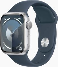 Акция на Apple Watch Series 9 41mm Gps Silver Aluminum Case with Storm Blue Sport Band - S/M (MR903) от Y.UA
