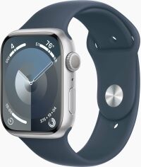 Акция на Apple Watch Series 9 45mm Gps Silver Aluminum Case with Storm Blue Sport Band - S/M (MR9D3) от Y.UA