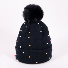 Акция на Дитяча зимова шапка-біні з помпоном для дівчинки YO! CZZ-0447K-AA10 56-58 см Темно-синя от Rozetka