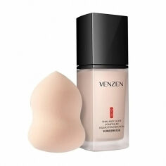 Акція на Тональний крем для обличчя Venzen Thin and Light Concealer Liquid Foundation, Natural Color, 30 мл + спонж-крапля для макіяжу від Eva