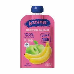 Акція на Дитяче фруктове пюре Карапуз Яблуко-банан без цукру, від 5 місяців, 100 г (пауч) від Eva