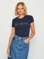 Акция на Футболка жіноча Guess Ss Cn Logo Micro Studs Tee W3BI34-J1314-G7P1 M Синя от Rozetka