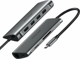 Акция на Ugreen Adapter CM121 USB-C to USB-C+3xUSB3.0+HDMI+RJ45+SD Gray (50538) от Y.UA
