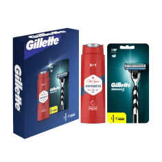 Акція на Подарунковий набір чоловічий Gillette Mach3 (станок + змінні картриджи, 2 шт + гель для душу Old Spice Whitewater, 250 мл) від Eva