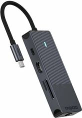 Акція на Rapoo Adapter UCM-2004 USB-C to 2xUSB-C+2xUSB3.0+HDMI+SD+RJ45 Black від Y.UA