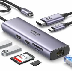 Акція на Ugreen Adapter CM512 USB-C to 2xUSB3.0+HDMI+RJ45+SD Gray (60515) від Y.UA