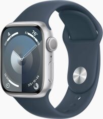 Акция на Apple Watch Series 9 41mm Gps Silver Aluminum Case with Storm Blue Sport Band - M/L (MR913) от Y.UA