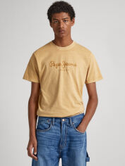 Акція на Футболка бавовняна довга чоловіча Pepe Jeans London 132951728 L Бежева з принтом від Rozetka