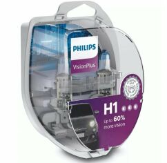 Акция на Лампа Philips галогеновая 12V H1 55W P14.5S Visionplus, +60% (2шт) (PS_12258_VP_S2) от MOYO