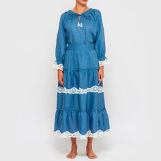 Акция на Костюм в стиле бохо льняная юбка и блузка с кружевом German Volf голубой S от Podushka