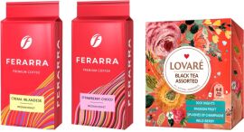 Акція на Набір кави Ferarra Crema Irlandese 250 г + Strawberry Choco 250 г + чай Lovare Black Eea Assorted 32 пакетики від Rozetka