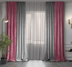 Акция на Комплект двокольорових штор Декор-Ін Мікровелюр 250x265 2 шт Сірі з темно-рожевим от Rozetka