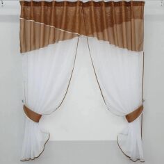 Акция на Кухонні штори VR-Textil із ламбрекеном Коричневий із білим 170х280 см (50-786) от Rozetka