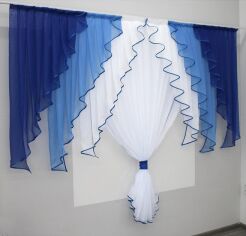Акция на Кухонний комплект VR-Textil № 104к фіранка та тюль 200х170 см Синій з блакитним та білим (50-876) от Rozetka