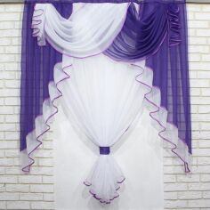 Акція на Кухонний комплект VR-Textil № 067к фіранка, ламбрекен та тюль 150х170 см Фіолетовий з білим (50-248) від Rozetka