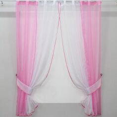 Акція на Комплект кухонних штор VR-Textil № 017к з підв'язками на карниз 1 - 1.5 м 265х170 см Рожевий з білим (50-020) від Rozetka
