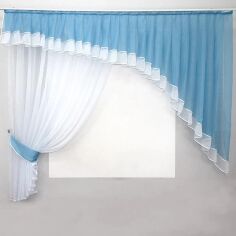 Акция на Кухонний комплект VR-Textil шторка з ламбрекеном на карниз 2 м 170х200 см Колір Блакитний з білим (50-066) от Rozetka