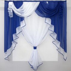 Акція на Кухонний комплект VR-Textil № 067к фіранка, ламбрекен та тюль Синій з білим 150х170 см (52-0017) від Rozetka